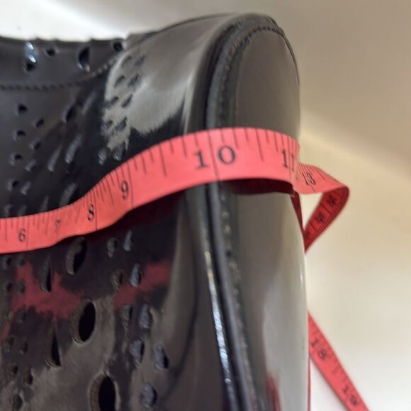 Neiman Marcus Black Vegan Leather Bucket Purse Laser Cut - Picture 9 of 11